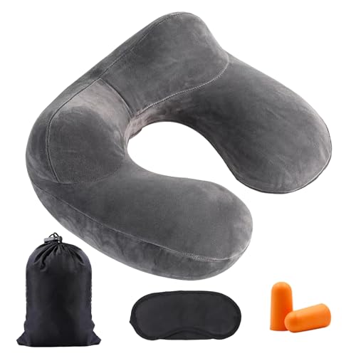 DBAATTZ Aufblasbares Reisekissen, Nackenkissen, Weicher Samt Nackenstütze, mit Samtweichem Waschbarem Bezug, mit kompakter Tragetasche, Ohrstöpsel, Augenmaske, Für Reisen, Flugzeuge, Züge, Grau DBAATTZ Aufblasbares Reisekissen, Nackenkissen, Weicher Samt Nackenstütze, mit Samtweichem Waschbarem Bezug, mit kompakter Tragetasche, Ohrstöpsel, Augenmaske, Für Reisen, Flugzeuge, Züge, Grau von DBAATTZ