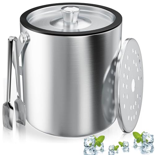 Eiswürfelbehälter, Eisbehälter rund mit Sieb und Eiszange, 2L Eiswürfelbehälte, Edelstahl Eisbehälter,Eiswürfel-Kühler für Bar, Party, zur Aufbewahrung zum Kühlen von Getränken von DBAATTZ