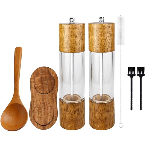 Salz und Pfeffermühle Holz, 2 Stück Set Salzmühle Holz, Pfeffer Mühle mit Untersetzer e Löffel, Manuell Gewürzmühle Verstellbarem, Wiederverwendbar Keramischer Kern Mahlwerk, für Gewürze, Pfeffer von DBAATTZ
