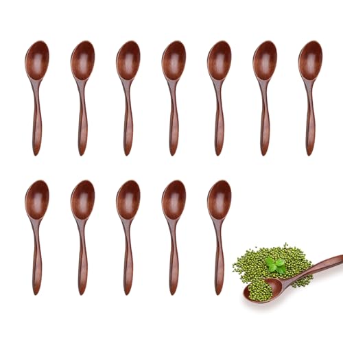 DBALL 12 Stück Holzlöffel Natur Klein Holzlöffel Rühren Kochen Wooden Spoon Esslöffel Küchenzubehör für Heiße Schokolade Honig Kaffee Tee Dessert Kuchen von DBALL