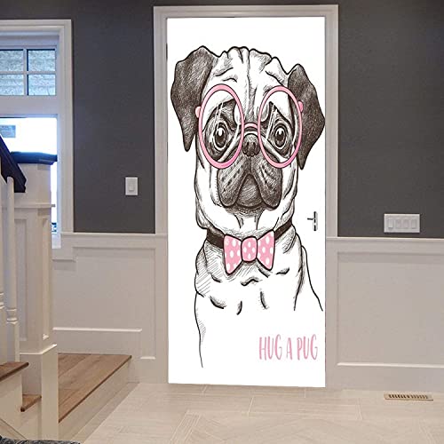 Türaufkleber Türtapete Türbilder Türposter Selbstklebend 3D Mops Tier Haustier Hund Wandbild Tapete 77X200 Cm Pvc Wasserdicht Abnehmbare Wandbilder Für Schlafzimmer Haus Bad Studio Büro Dekoration von DBALL