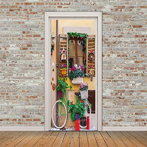 Türaufkleber Türtapete Türbilder Türposter Selbstklebend 3D Wandbild Tapete Fahrrad Mit Fensterblumen Pvc Wasserdicht Abnehmbare Wandbilder Für Schlafzimmer Haus Bad Studio Büro Dekoration 90X200 Cm von DBALL