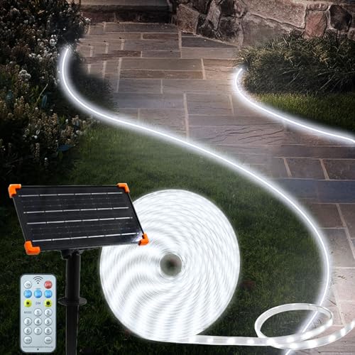 DBFAIRY 15M Solar LED Streifen Außen, 540 LED Streifen Aussenbereich, IP68 Wasserdicht Solar Lichtband mit Fernbedienung Timer, LED Strip für Garten, Terrasse, Balkon Deko (Weiß) von DBFAIRY