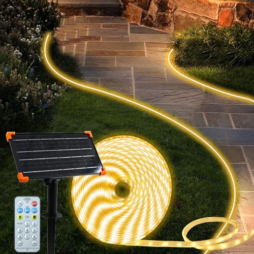 DBFAIRY 15M Solar LED Streifen Außen, Solar LED Strip 540 LEDs IP68 Wasserdicht, 8 Modi Dimmbare Lichtleisten mit Fernbedienung, LED Band Selbstklebend für Haus, Garten, Terrasse, Balkon (Warmweiß) von DBFAIRY