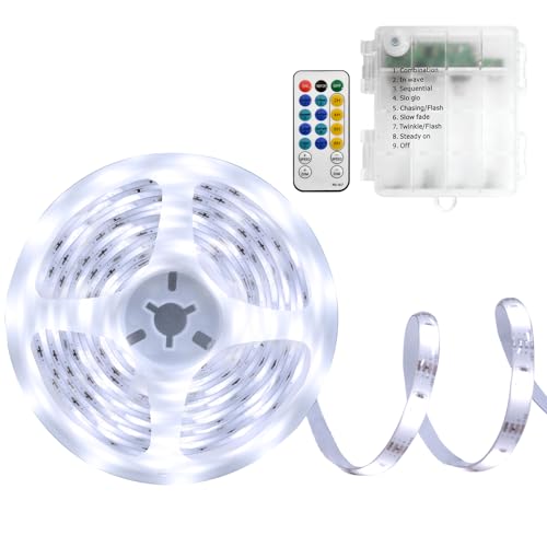 DBFAIRY 5M LED Streifen Batterie, 150 LED Strip 2835 SMD, 8 Modi Selbstklebend Lichtband mit Fernbedienung für Schlafzimmer Zuhause Dekoration (Weiß) von DBFAIRY