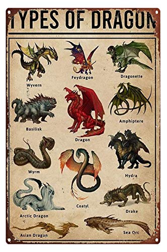 Wissen Schilder Metallschild Gaming Types of Dragon Metallschild Wissen Metallschild Drachenliebhaber Metallschild Blechschilder für Männer von DBKGHIEDHG