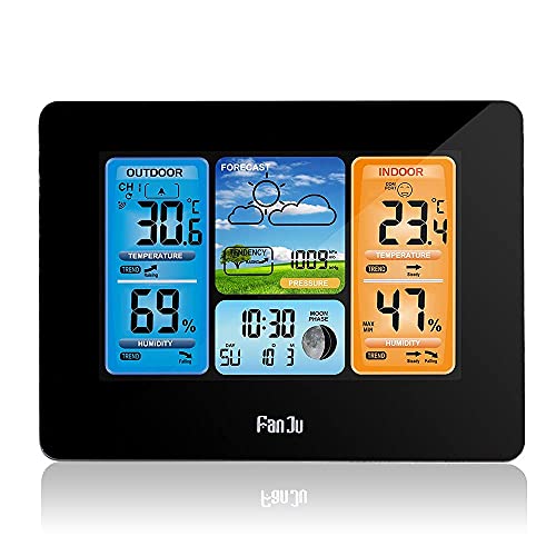 DBOATB Wetterstationen Kabellos mit Außensensor Digitale Innen-LCD-Wetterstation mit Temperatur/Luftfeuchtigkeit/Luftdruck/Vorhersage/Mondphase/Wecker von DBOATB