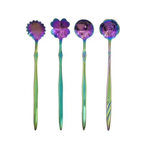 Blumenlöffel-Set – 4-teiliges DBOO Teelöffel in Regenbogenfarbe für Kaffee, Tee, Mixen, Zucker, Eis, Rührlöffel – 4 verschiedene Muster, buntes Mini-Besteck-Set von DBOO