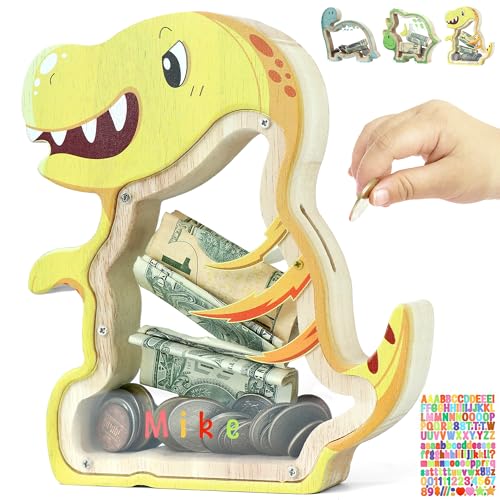DBPBToU Spardose Kinder aus Holz Spardose Dino, Sparschwein Durchsichtig für Kinder, Sparbox Personalisierte (Tyrannosaurus Rex und Aufkleber) von DBPBToU