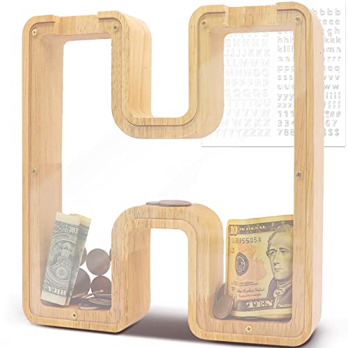 DBPBToU Spardose aus Holz Buchstaben, Groß Durchsichtig Sparschwein für Kinder, 23 * 4 * 23cm Große Personalisierte Sparbox, Spardose Kinder für Geburtstag Geschenk/Heimdekoration/Keepsake (H) von DBPBToU