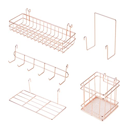 DBREAKS 5Pcs Hänge-Körbe Hänge-Regal & Haken-Gestell, Stifthalter, Bücherregal Roségold Wandgitter Zubehör für Gitterwand-Feld, Gitter-Wand-Stauraum für Gitterfotowand von DBREAKS