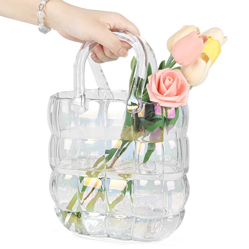 DBREAKS Vase Glas Handtasche, Bunt Blumenvase, Tasche Glasvasen, Handgemachte Vase, Kreative Bubble Handtasche Blumenvase, Dekorative Vase Glas Handtasche, Desktop Glaskorb Vase für Blumen von DBREAKS