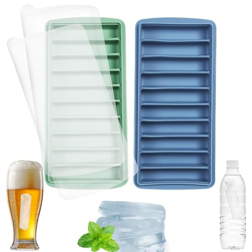 2 Stück Langer Eiswürfelschalen, Eiswürfelbehälter Silikon Mit Deckel, 10 Mulden Eiswürfelform, Ice Cube Tray, Eiswürfelform Silikon, Eiswürfelbereiter für Frozen Drinks Whiskey-Cocktails (Blau/Grün) von DBTW