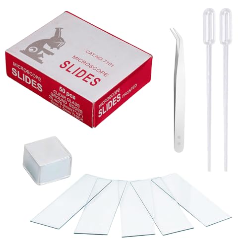 50 Mikroskop Objektträger, 100 Mikroskopdeckglas, Blanko Runde Geschliffen Mikroskop, Transparente Objektträger, Deckgläser Mikroskop mit Tropfer Pinzette, für Labor Biologie Wissenschaft Studium von DBTW