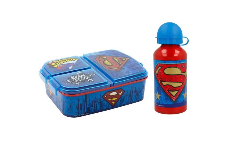 DC Comics Lunchbox DC Comics Superman 2 teiliges Kinder Lunch Set, Kunststoff Aluminium, (2-tlg), 3 Kammern Brotdose Alu-Trinkflasche von DC Comics