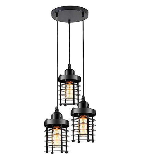 Deckenleuchte im Retro-Stil, Loft-Kronleuchter mit 3 Köpfen, Lampenschirme aus schwarzem Metall in Laternenform (Runder Sockel - Rund) von DC VOLTAGE