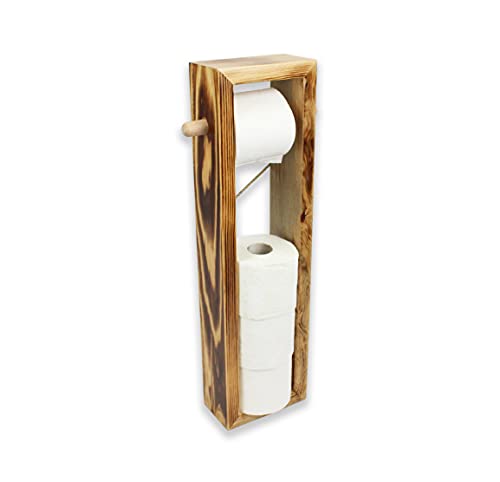 Toilettenpapierhalter aus Holz Stehend | Toilettenpapier Aufbewahrung ohne Bohren | Klopapierhalter WC-Ständer | Deko für Badezimmer (Geflammtes Holz, 60 x 16,5 x 8,5 cm) von DC21