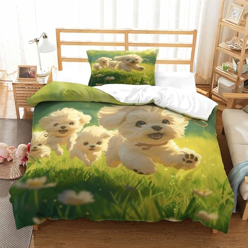 DCABEIOOE Malteser Hund 3D Print Betten Motiv Bettwäsche Set Bettwäsche Set Bettbezug Und Kissenbezug Mit Reißverschluss Kinder Bettwäsche Single（135x200cm） von DCABEIOOE