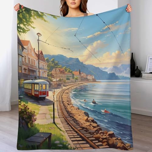 Häuser am Meer Decke Fleecedecke,Weiche Warme Überwurfdecken Kinder Oder Erwachsene Für Bett Couch Stuhl Four Seasons Wohnzimmer 100×130cm von DCCCY