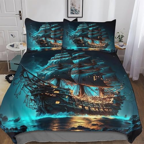 Pirate Ship,Boot Bettbezug Bettwäsche Set 3teilig Deckenbezug Mädchen Junge Kinder Mikrofaser Weiche Bettbezüge Mit Kissenbezüge Double (200x200cm) von DCCCY