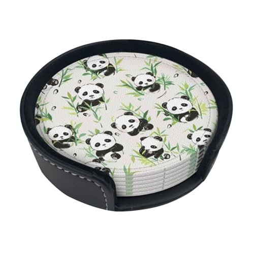 Cartoon Pandas bedruckte runde Untersetzer 6er Set PU-Leder Trinkkaffeetasse Matte mit Halter von DCEHGEW