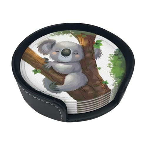 Hugging Tree Koala bedruckte runde Untersetzer Set mit 6 Stück PU-Leder Trinkkaffeetassenmatte mit Halter von DCEHGEW
