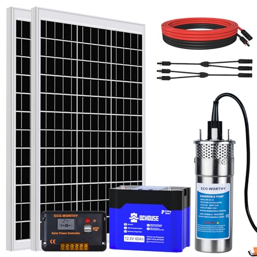 DCHOSE Solar Brunnenpumpen Set mit Batterie Backup, 12V Edelstahl-Wasserpumpe + 120W Solarpanel-Set + 50Ah Batterie + 20A Controller für Brunnen, Bewässerung, Wassertank füllen von DCHOUSE