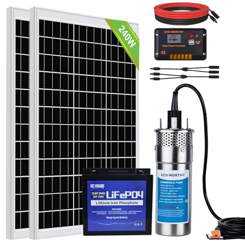 DCHOUSE Solar Tiefbrunnen Wasserpumpen Set, 12V DC, Tauchwasserpumpe mit 2 Stück 120 W Mono-Solarpanel, 24 Ah Batterie und 20A Controller für Brunnen, Teich, Zuhause, Bauernhof, Edelstahl von DCHOUSE