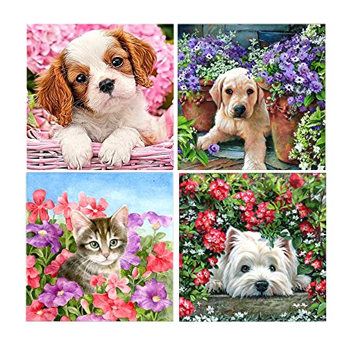 DCIDBEI 30 x 30 cm 4 Stück 5D Diamond Painting Volle,Diamant Malerei Painting Tiere Anime, Lernspiel gelegentliches Geschenk für Wand zu Hause auf-niedlich Katze Hund in den Blumen von DCIDBEI