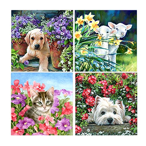 DCIDBEI 4 Pack Diamant Painting Bilder 30x30 cm Hund Katze Schaf in Blumen DIY 5D Hundewelpen Diamond Painting Set Full Crystal Stickerei Kristall Perlen Bilder Für Erwachsene Kinder Home Wall Décor von DCIDBEI