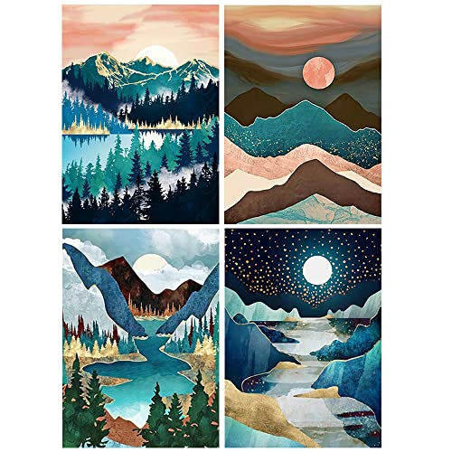 5D Diamond Painting Bilder 4 Set 30x40 cm Diamond Painting Abstraktes Gemälde Diamant Painting Landschaft Berge und Fluss Erwachsene Diamant Malerei Diamant Malen nach Zahlen Full Drill Kristall Set von DCIDBEI