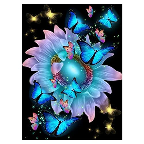 DCIDBEI 30 x 40 cm Runde Diamant-Malerei Blauer Schmetterling, Diamond Painting Blume glänzend, DIY Diamant-Stickerei Anime für Haus, Wohnzimmer Schlafzimmer Wanddekoration Kristall Handwerk von DCIDBEI