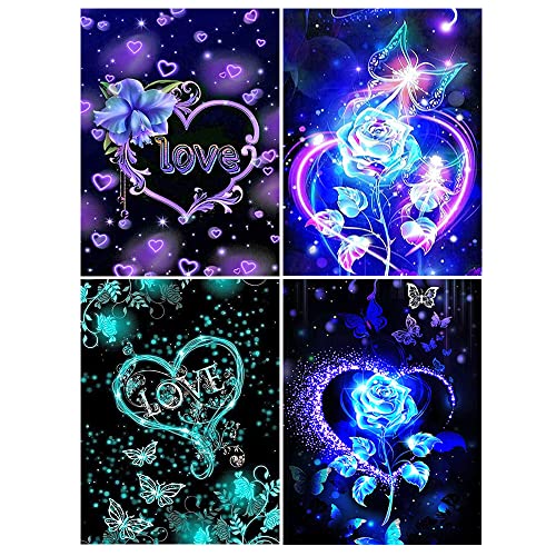 DCIDBEI 30 x 40CM 4er Set Diamond Painting Rund, Diamant Malerei Liebe, Leinwand Diamant Bilder Herz für Erwachsene, Kristall Handwerk Inneneinrichtung Kinder || Blumen Fluoreszenz von DCIDBEI