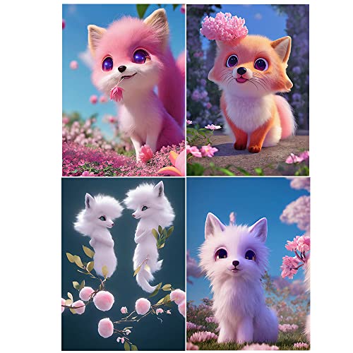 DCIDBEI 30x40CM 4 Set Diamond Painting Komplettset Runde Tiere Anime,Diamant Painting Bilder Landschaft Frühlings Schlafzimmer Deko Geschenk Geburtstag Kinder Cartoon || Baby Fuchs von DCIDBEI