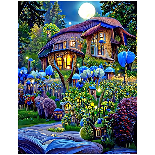 DCIDBEI 40 x 50 cm Diamond Painting Feenlandschaf für Erwachsene, malen nach zahlen Kinder quadratisch Kunsthandwerk Dekoration Geschenk für Party Märchen || Haus der lila Blumen von DCIDBEI