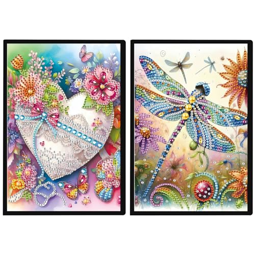 DCIDBEI A5 Diamond Painting Notizbuch 2er Set Herz Libelle Blanko Diamond Painting Notizbücher Skizzenbuch A5 Blanko Diamond Painting Notebook Diamant Painting Tagebuch für Erwachsene Herz Libelle von DCIDBEI