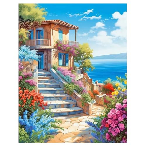 DCIDBEI DIY 5D Diamant Gemälde Strand und Meer 40x50cm Diamond Painting Strand und Meer Strass Stickerei Kreuzstich Diamant Painting Blumen Haus Ecke des Hauses Malen nach Zahlen Landschaft von DCIDBEI