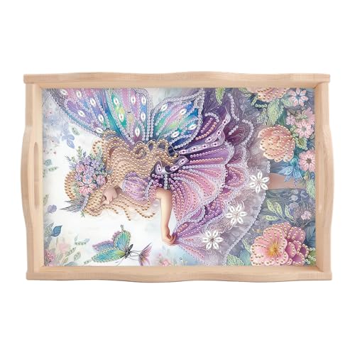 DCIDBEI DIY Diamond Painting Serviertablett 30x20 cm 5D Diamant Painting Frühstückstablett mit Griffen Malen nach Zahlen Diamant Essen Tablett Ideal Schmetterlingsfee für Abendessen Tee Kaffee Bar von DCIDBEI