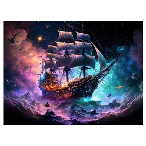 DCIDBEI Diamant Painting Bilder Erwachsene Segelschiff 50x40 cm Flurozierendes Diamond Painting Piratenschiff Neon Diamond Painting Segelschiff Strand Meer Diamond Painting Erwachsene Landschaft von DCIDBEI