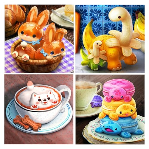 DCIDBEI Diamond Painting Kaffee Kuchen 4 Pack 30x30cm Diamond Painting Obst Dinosaurier Diamant Painting Kaffee Kuchen Hase Diamond Painting Macaron Turtle Kaffee Hund Diamond Painting Bilder Kuchen von DCIDBEI