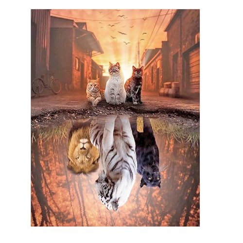 DCIDBEI Diamond Painting Quadratische Steine 40x50 cm Tiere Diamond Painting Katze Tiger Weiß Diamond Painting Tiger Lion Leoopard Katze Spiegelbild von DCIDBEI