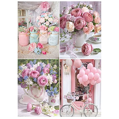 DCIDBEI Diamontpating Kinder 4er Set Pink 30x40 cm Diamond Painting Blumen Diamant Painting Bilder Erwachsene Rosen Diamant Malerei Stickerei Leinwand Bilder Ballon Erwachsene Kinder Wohnwand Dekor von DCIDBEI