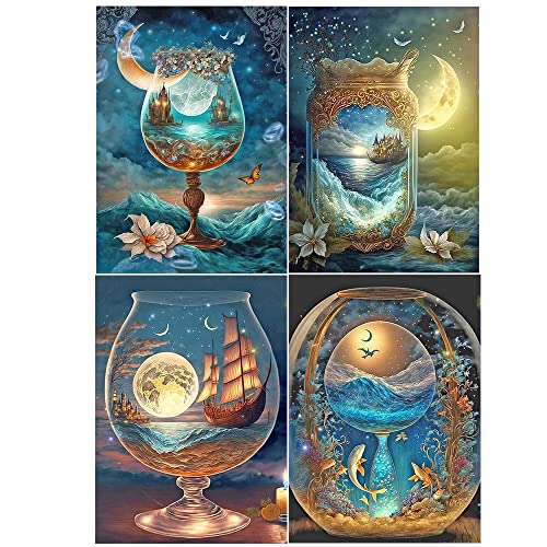 Diamond Painting 4er Set 40x50 cm 5D Diamant Painting Bilder Erwachsene Weinglas Flasche Segelboot Sternenklarer Himmel Mond Fische das Meer Diamant Malerei kits Malen nach Zahlen Bastelset Puzzle von DCIDBEI