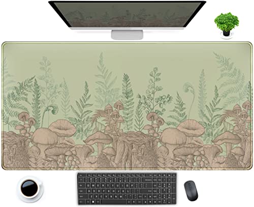 Niedliche grüne Blätter Mauspad Schreibtischunterlage Beige Waldpilz XXL Groß Erweitertes Gaming Mousepad Schreibtischunterlage 80 x 40 cm, Coole Tastatur Mauspad Schreibtischmatten für Computer von DCJJM