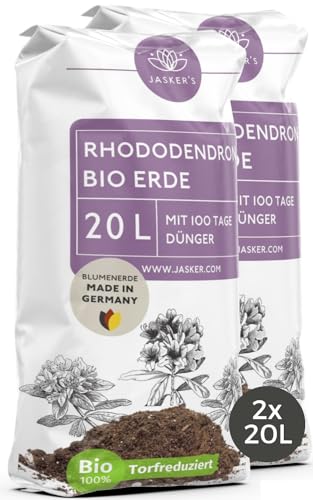 Bio Rhododendronerde 40 L (2x20L) - Saure Erde mit 20% weniger Torf für Moorbeetpflanzen - Erde für Pflanzen mit Dünger - Saure Blumenerde - Pflanzenerde mit saurem PH-Wert von JASKER'S