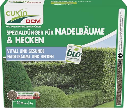 CUXIN DCM Spezialdünger für Nadelbäume & Hecken - Spezialdünger - Langzeitdünger - Mit MINIGRAN® TECHNOLOGY - Für gesunde Nadelbäume - Bio - organisch-mineralischer Dünger - 3 kg von DCM