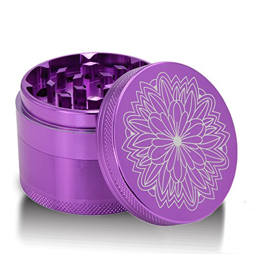 DCOU Premium Grinder Cruncher Bruchfester Aluminium Grinder Crusher Gewürze Schleifer mit Blumen auf dem Deckel Magnetisch Ø55mm Metall Spices Grinder 4 Teilig von Dcou
