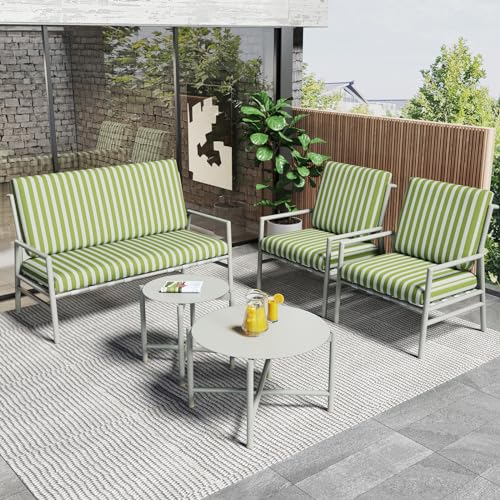 DCQRY 4er-Set Outdoor-Sofa, 4-Sitzer, 2 runde Couchtische, Outdoor-Metall-Sektionsmöbel, Terrassenmöbel-Sets, verzinktes Stahlrohr, abnehmbare und waschbare Kissen mit Gurten (beige + grün) von DCQRY