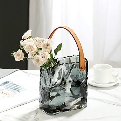 DCQRY Glas-Geldbörsen-Vase, Glas-Taschen-Vase mit Griffen, Handtaschen-Form, Blumenvase, Fischschale, einzigartige moderne Kunst, Blumenvasen für Blumen, Zuhause, Hochzeit, Tafelaufsatz von DCQRY
