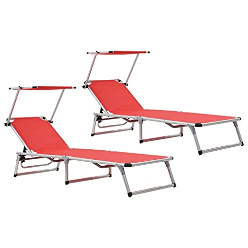 DCRAF Furniture Home Tools Klappbare Sonnenliegen mit Dach, Aluminium und Textilene, Rot, 2 Stück von DCRAF
